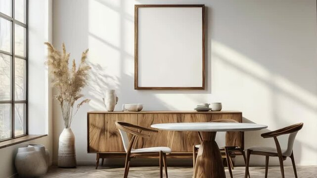 Sunlight shifts over modern dining room with minimalist decor