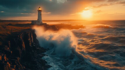 Ecommerce shopping basket captivating sunset over lighthouse coastal landscape seaside view nature's beauty