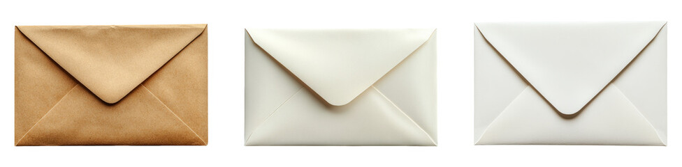 Three envelopes in various colors isolated on a transparent background