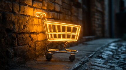 Ecommerce shopping basket glowing on cobblestone street at night urban setting creative photography