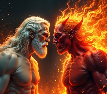 Powerful figures confront in dramatic battle. God, devil face off in epic struggle. Intense expressions reflect clashing forces of good, evil. Fierce fire surrounds devil, hell, dark power. Ancient