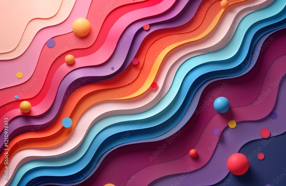 Poster abstract colorful wavy layers form dynamic background. multicolored lines, balls create 3d effect. o