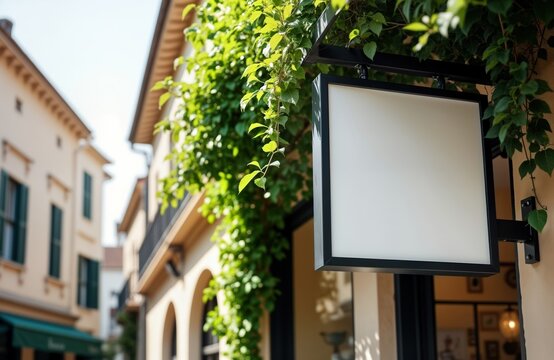 Blank square shop sign mounted on building exterior. Green foliage covers part of facade. Outdoor display ready for store branding. Ideal for commercial advertisement. Urban setting. City