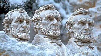 Naklejka premium Three intricately carved stone sculptures of historical figures covered in snow in a mountainous region