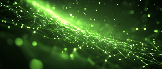 Glowing green lines and dots create a dynamic atmosphere of digital energy and connections