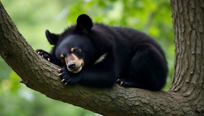 Adorable Asian Black Bear Cub Resting on Tree Branch