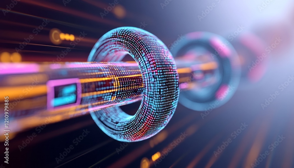Poster futuristic representation of a digital network featuring glowing rings and data streams