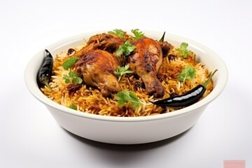 Isolated Kerala style chicken biryani with jeera rice and spices on a white ceramic table ware and white background
