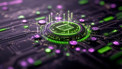 A detailed arrangement of a circuit board highlighted by bright green and purple lights