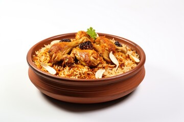 Fototapeta premium Isolated Kerala style chicken biryani with jeera rice and spices on a white ceramic table ware and white background