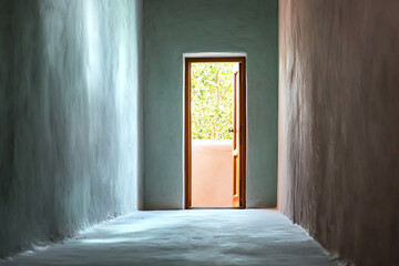 Fototapeta premium minimalist corridor with soft lighting leads to open door, inviting natural light and greenery. serene atmosphere creates sense of calm and tranquility
