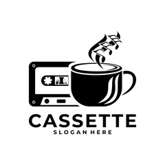 Cassette with coffee logo. music cafe logo design template. Cassette tape retro logo vector illustration template design