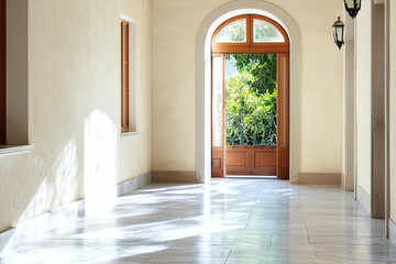 Fototapeta premium minimalist corridor featuring soft lighting, elegant arches, and view of greenery through open door. serene atmosphere invites tranquility and calmness