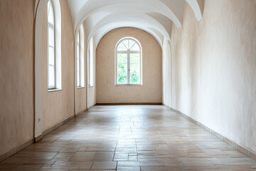 Fototapeta premium minimalist Italian hallway featuring balanced proportions, arched windows, and natural light creating serene atmosphere. neutral tones enhance spacious feel
