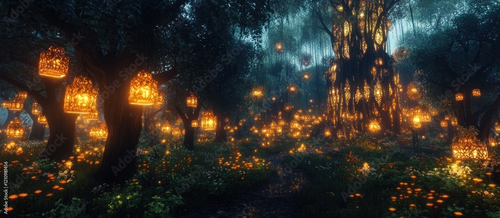Poster enchanting luminous forest path with glowing lanterns hanging from trees at night.