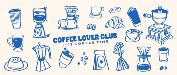 Hand Drawn Coffee Cup, Coffee Shop Clip Art Doodle Line Drawing Latte, Americano, Cappuccino, Street Coffee, Coffee Machine, Caffeine, Coffee Icons, Brunch Food Vector 