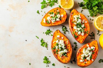 Tasty baked sweet potato with feta cheese, lemon and herbs on light textured table, top view.