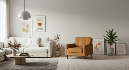 Minimalist, japandi interior design of modern living room with accent armchair	