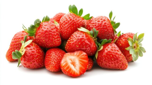 A pile of freshly picked strawberries, their bright red hue and juicy texture inviting, Set against an isolated white background to accentuate their natural sweetness 