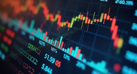 Abstract forex chart interface shows fluctuating financial figures. Colorful bar graphs, diagrams display market trends. Dynamic glowing tech interface illustrates investment data. Detailed market