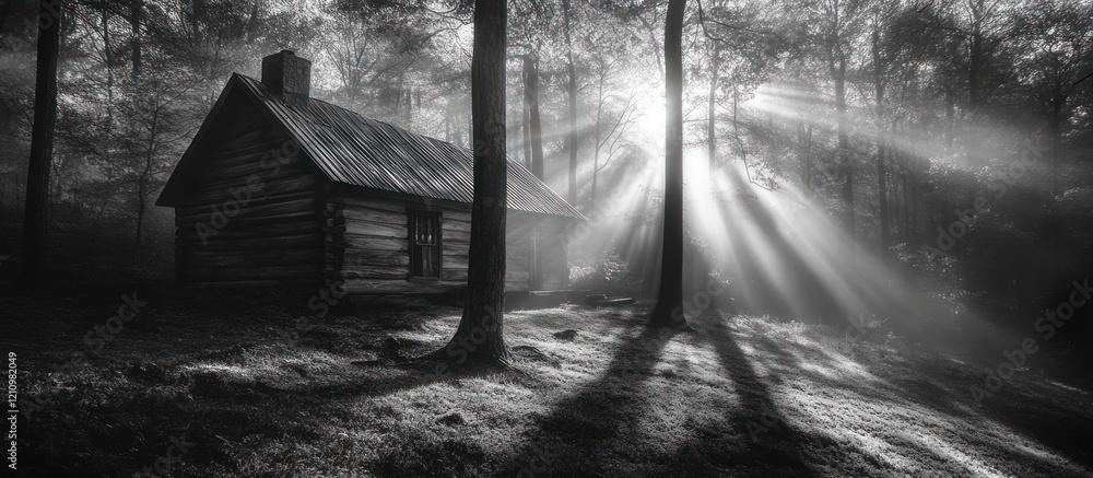Aufkleber sunbeams illuminate a rustic log cabin nestled in a misty forest.