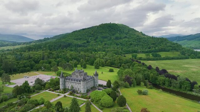 Inveraray Castle from a drone, Clan Campbell, Loch Fyne, Argyll, Scotland, UK