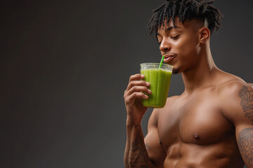 fit man enjoying green smoothie, showcasing healthy lifestyle and fitness. His toned physique and focused expression reflect dedication to wellness and nutrition