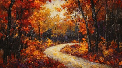 Winding road through vibrant autumn forest.