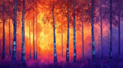 Vibrant autumn forest scene at sunrise or sunset.