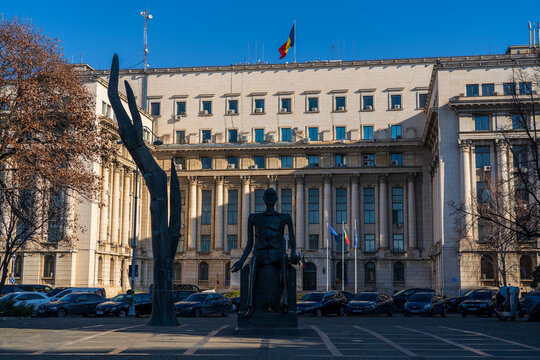 Bucharest, Romania - January 18, 2025: View of the Iuliu Maniu Monument and the Ministry of Internal Affairs on the main street of the city.