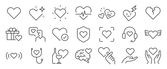 Heart icon set. It included contexts such as love, health, care, kind and more. Editable Vector Stroke.