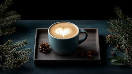 Festive Latte Art Coffee, Winter Drink, Cozy Holiday Scene, Tabletop Photography, Menu Image