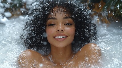 Fototapeta premium Joyful woman enjoying winter snow while relaxing in a snowy environment with a radiant smile on her face