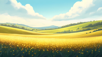An endless expanse of golden fields captures the warmth of the sun, flowing into rolling hills of green that lead to a distant forest. Golden Meadow. Illustration