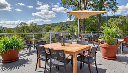 Sunny terrace with wooden table and lush greenery, outdoor dining