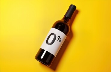 Zero alcohol red white wine bottle on yellow background. Product shot non alcoholic beverage. Healthy alternative to traditional alcohol. Stylish design, ideal for health conscious consumers. Blank