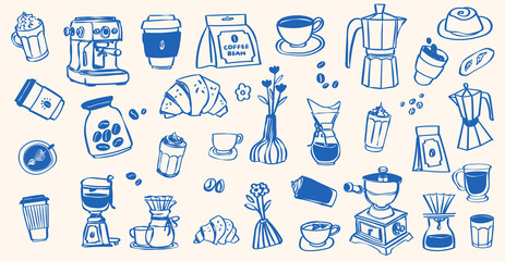 Hand Drawn Coffee Cup, Coffee Shop Clip Art Doodle Line Drawing Latte, Americano, Cappuccino, Street Coffee, Coffee Machine, Caffeine, Coffee Icons, Brunch Food Vector 