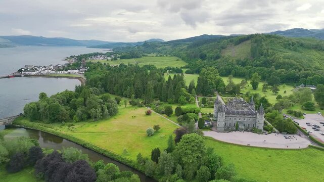 Inveraray Castle from a drone, Clan Campbell, Loch Fyne, Argyll, Scotland, UK