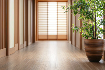 Obraz premium serene Japanese hallway featuring wooden flooring, shoji screens, and potted plant, creating tranquil atmosphere