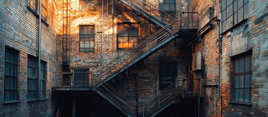 Rusty metal fire escape between aged brick buildings.