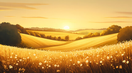 Golden hour sunrise over rolling hills and farmland in rural countryside landscape. Golden Meadow. Illustration