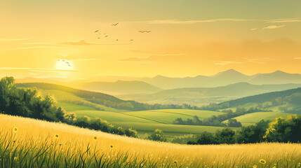 Obraz premium Golden hour sunrise over rolling hills and farmland in rural countryside landscape. Golden Meadow. Illustration