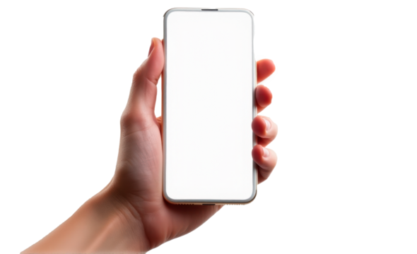 hand holding a mobile phone mock up with transparent background white screen white frame
