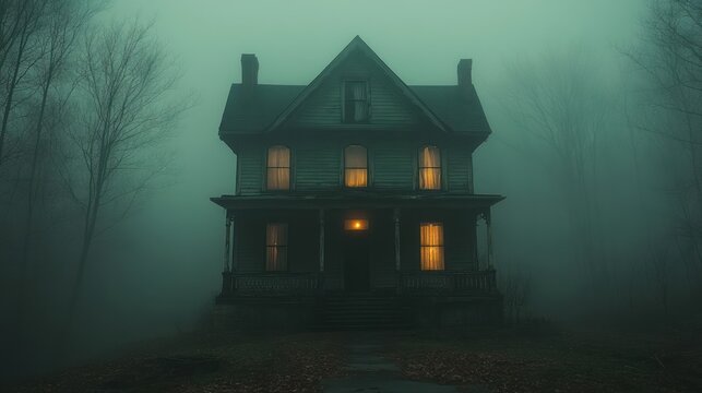 Eerie abandoned house illuminated by glowing windows in a foggy forest at dusk, evoking mystery