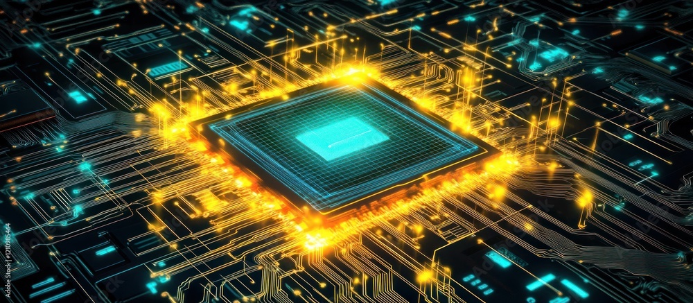 Poster glowing cpu on circuit board.