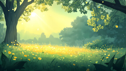 Green meadows illuminated by golden morning sun. Golden Meadow. Illustration