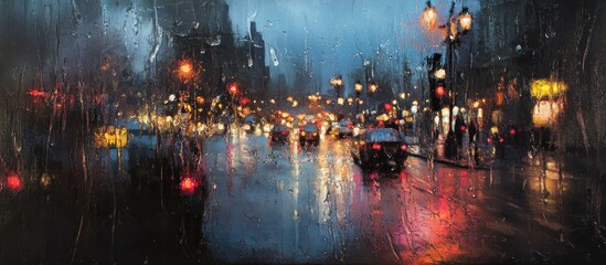 Fototapeta premium Rainy night city street scene viewed through wet window.