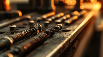 Naklejka premium Workshop bolts, screws, parts, repair, close-up, metal, industrial, background