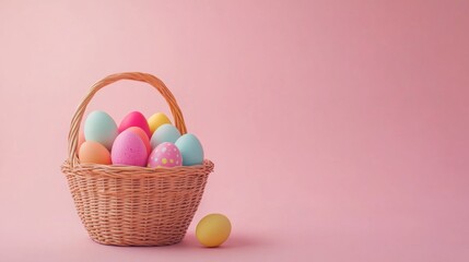 Fototapeta premium Pastel Easter eggs in wicker basket, pink background, holiday card