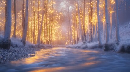 Enchanting winter forest river scene with glowing lights.